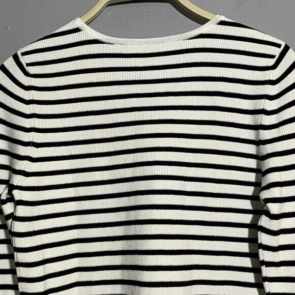WHBM Sweater White House Black Market Women Size MP Stripe Ruffle Silver Button - Picture 10 of 12